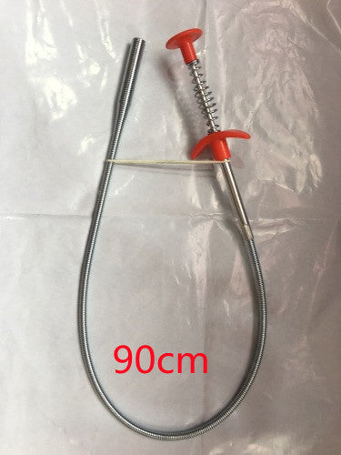 Stainless steel cable with red handle and spring mechanism on a white background