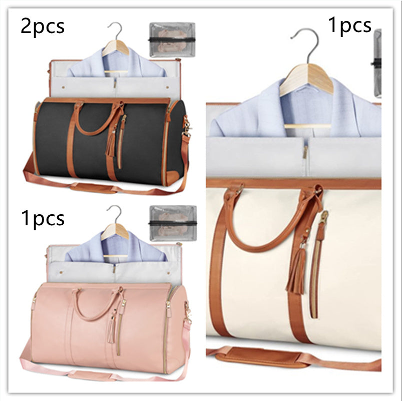 Three travel bags with hangers and clothing in a collage format.