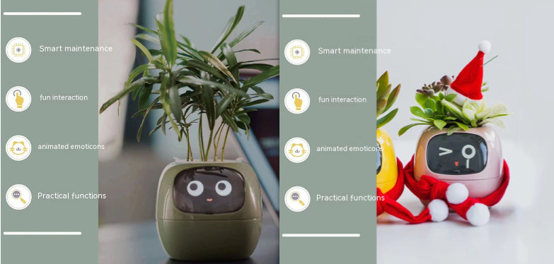 Smart plant with face design and text labels on a gray background