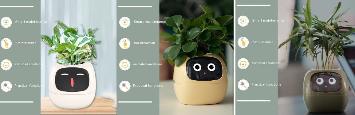 Smart plant pot with digital display and plant on a wooden surface.