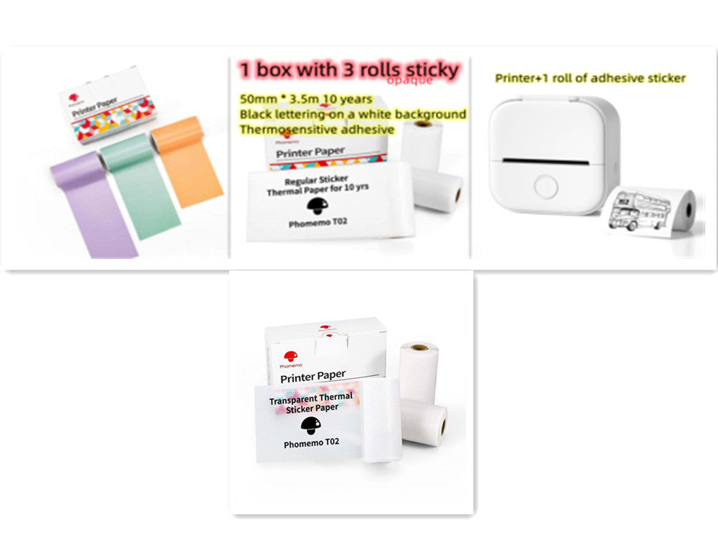 Collage of printer paper, adhesive stickers, and a printer on a white background