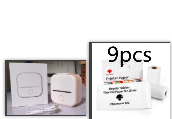 Printer paper roll with packaging and a small electronic device on a white background