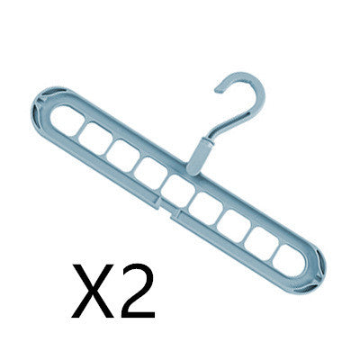 Blue plastic hanger with multiple hooks on a white background