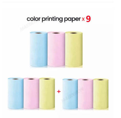Nine rolls of color printing paper in pastel colors on a white background.
