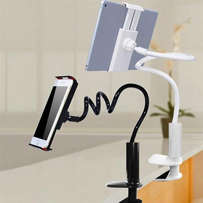 Multi-device holder with smartphone, tablet, and phone stand on a light background