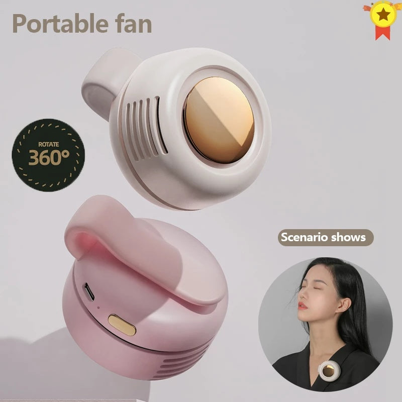 Portable fan with pink and white design on a light gray background