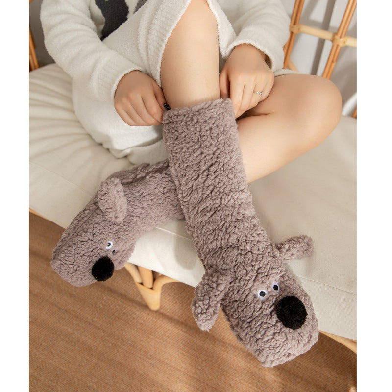 Cute Cartoon Dog Plush Floor Socks – Winter Warm, Non-Slip Cozy Socks for Women
