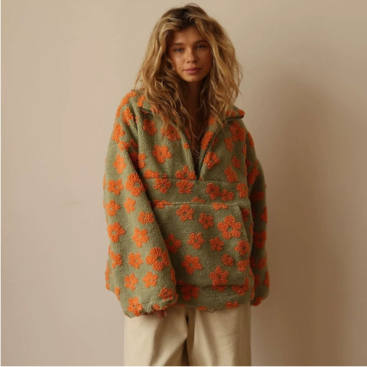 Women’s Winter Flower Lambskin Sweatshirt – Cozy Zip-Up Lapel Pullover with Big Pocket | Casual Streetwear