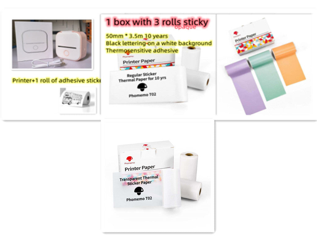 Collage of printer paper, adhesive sticks, and thermal paper with product details on a white background.