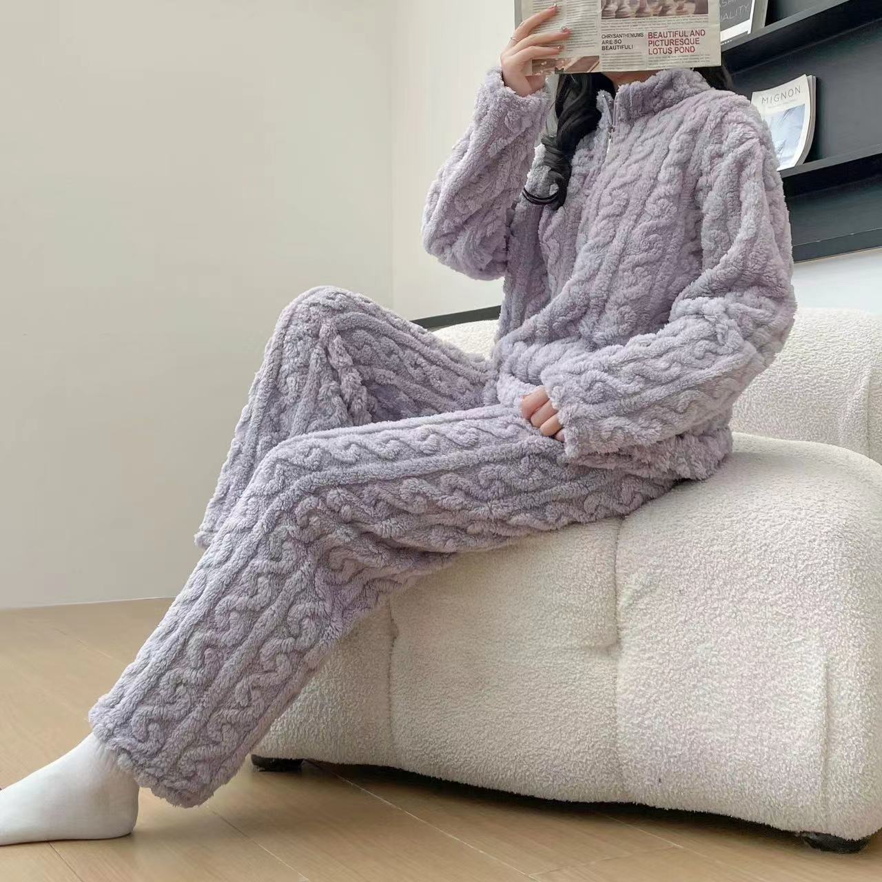 Autumn Winter Couple Pajamas – Thick Coral Fleece Zipper Loungewear & Sleepwear