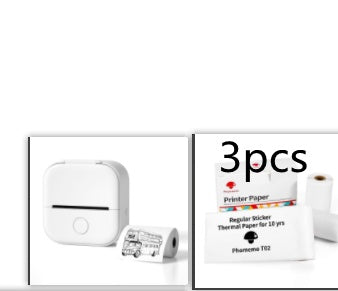 Printer paper with packaging and a small white device on a white background
