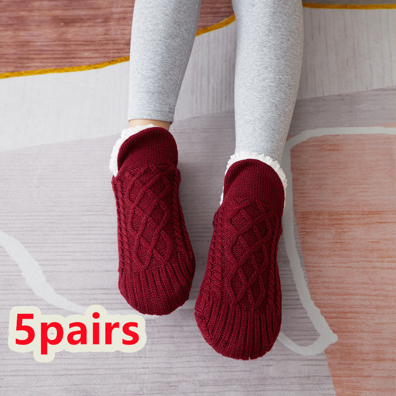 Winter Woolen Non-Slip Socks – Thick Warm Indoor Bedroom Slippers for Women & Men