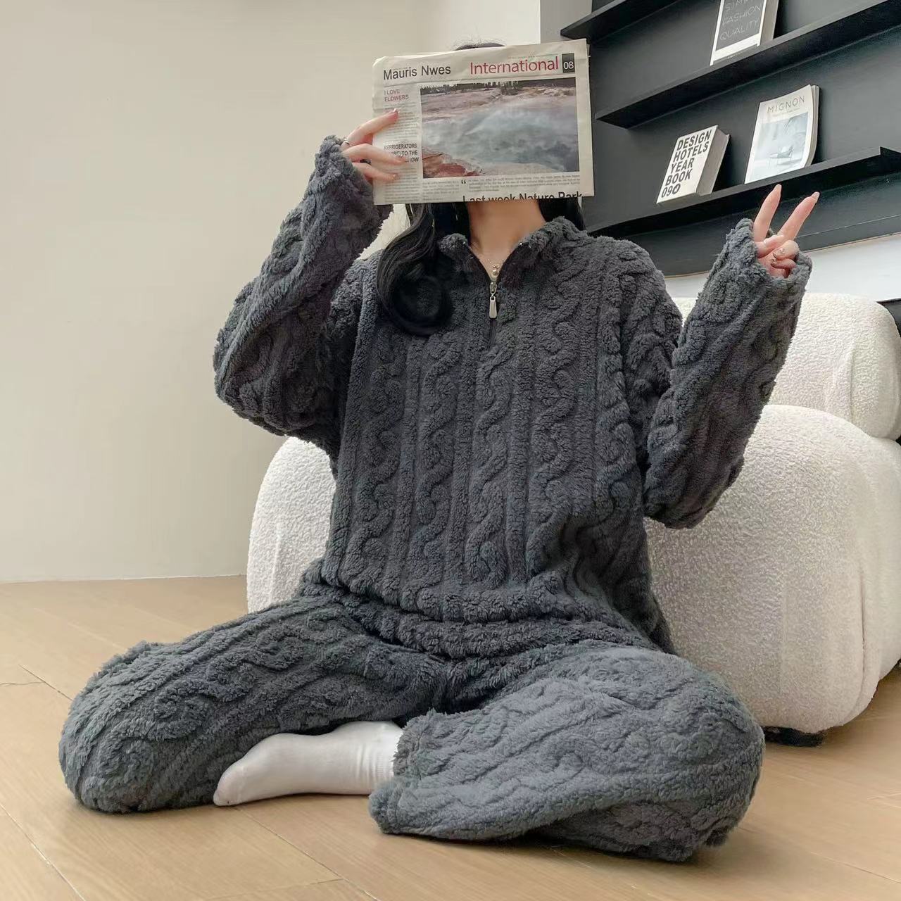 Autumn Winter Couple Pajamas – Thick Coral Fleece Zipper Loungewear & Sleepwear
