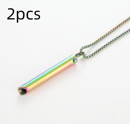 Multicolored cylindrical pendant on a chain with '2pcs' text above on a white background