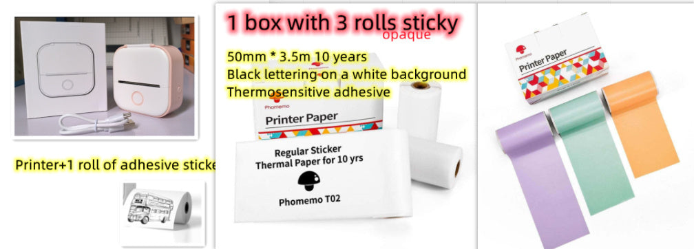 Promotional image of printer paper, adhesive stickers, and printer with text on a white background.
