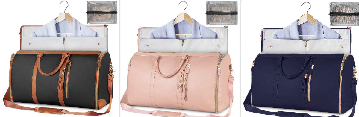 Three bags with hangers inside, each in different colors.