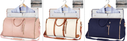 Three different colored bags on hangers with clothes inside, against a wooden panel background.