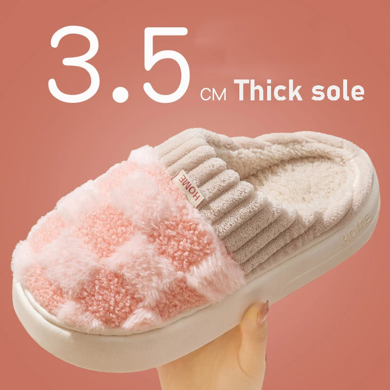 Plaid Plush Slippers for Women – Warm Indoor House Shoes with Soft Plush Lining, Thick Non-Slip Sole, Cozy Winter Home Slippers