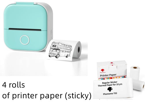 Small turquoise printer with a roll of paper and additional paper rolls on a white background