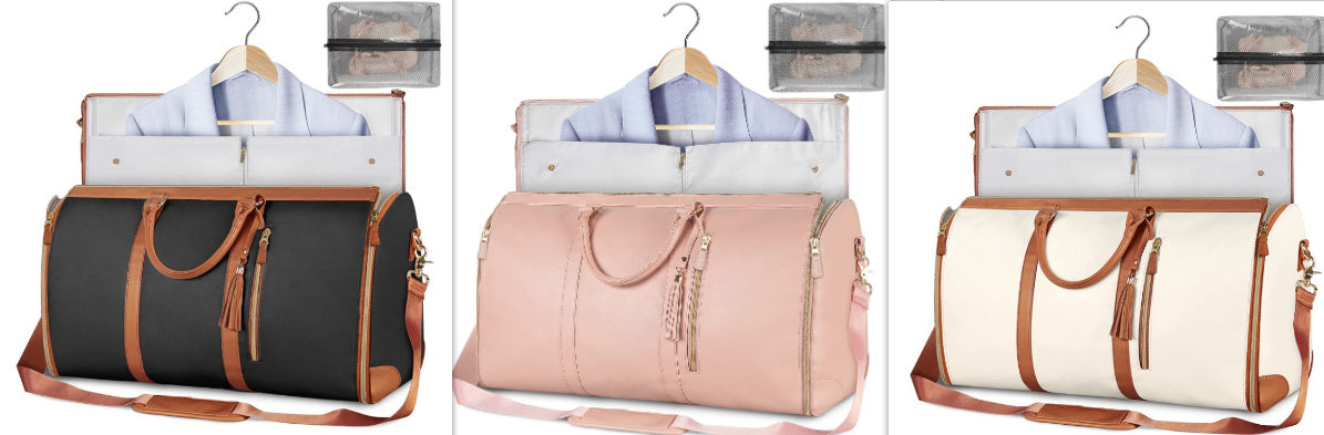 Three different styles of bags with hangers on a white background