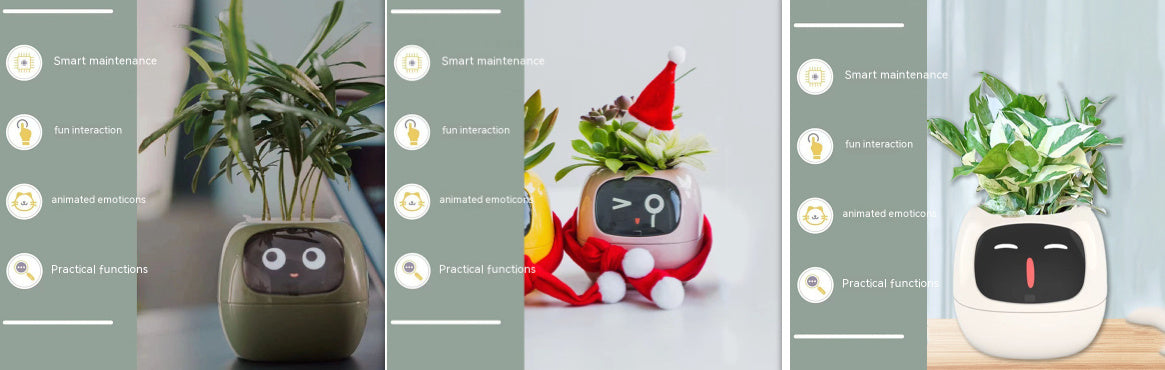 Sequence of images showing a plant-like robot with different features and settings.