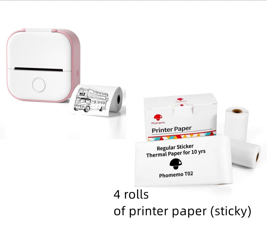 Small printer with four rolls of printer paper on a white background