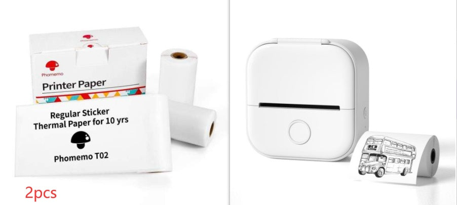 Phomemo T02 printer and thermal paper packaging on a white background