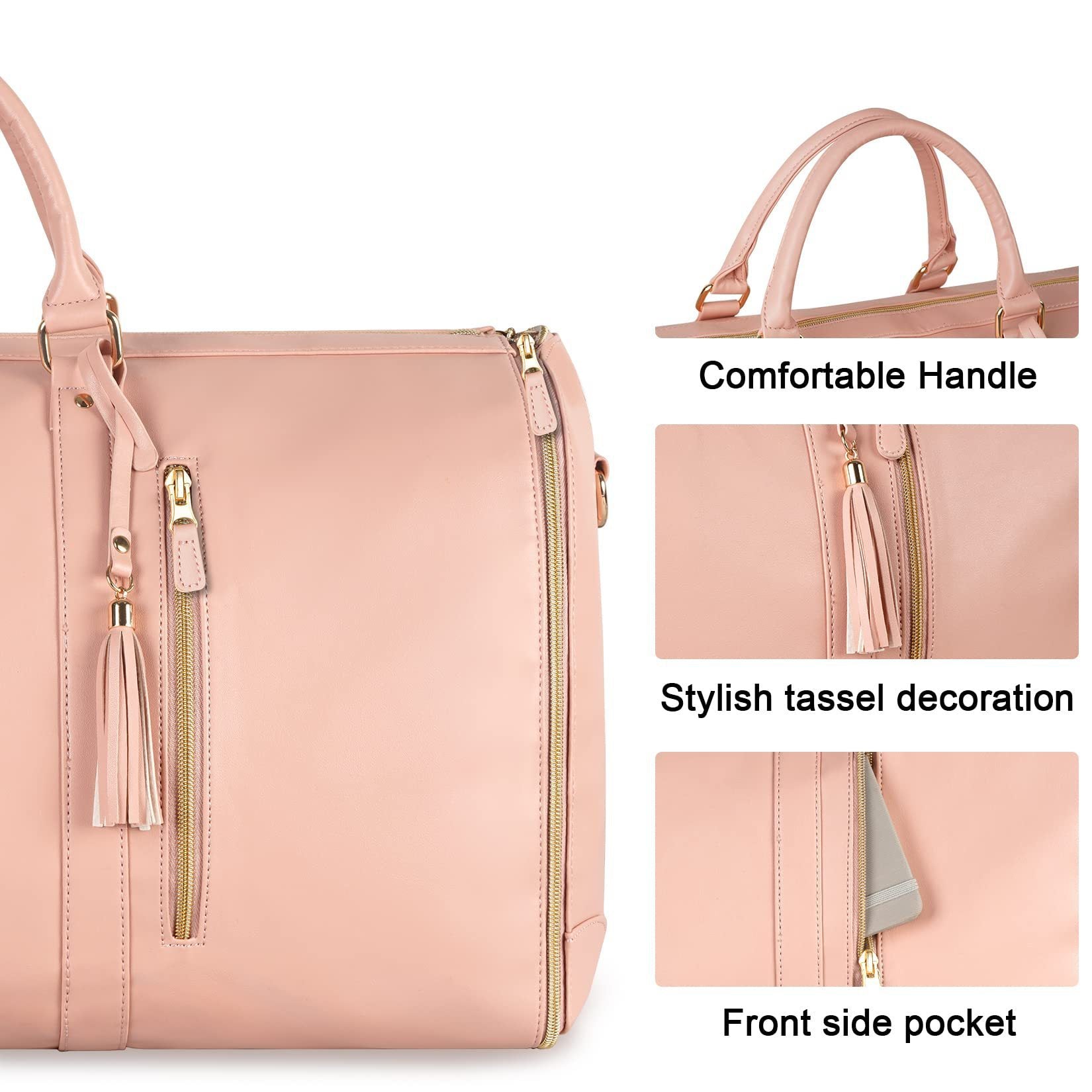 Pink duffel bag with handle, tassel decoration, and front side pocket on a white background.