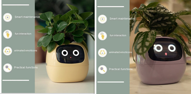 Two plant-shaped robots with face designs on a wooden surface.