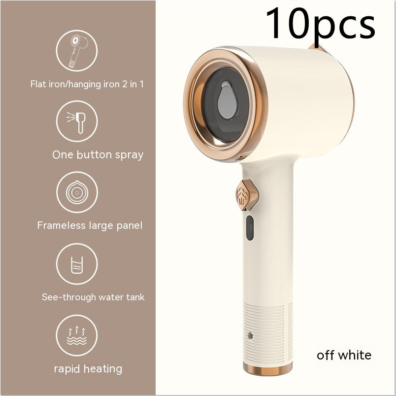 White and rose gold flat iron/hanging iron with features listed on a beige background