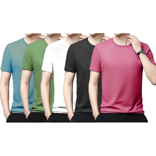 Polyester Stretchable Solid Half Sleeves Mens Plain Round Neck T-Shirt Pack Of 5