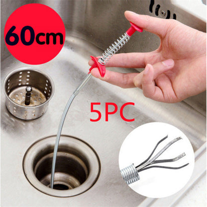 Hand using a flexible drain cleaning tool in a sink with text indicating size and quantity.