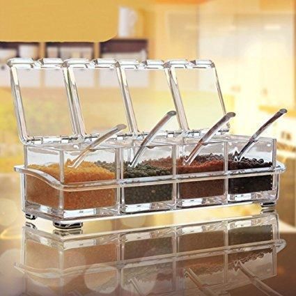 Crystal Seasoning Acrylic Box Set of 4 With Spoons - Kitchen Appliances