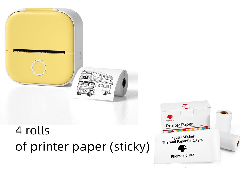 Yellow printer with rolls of printer paper on a white background