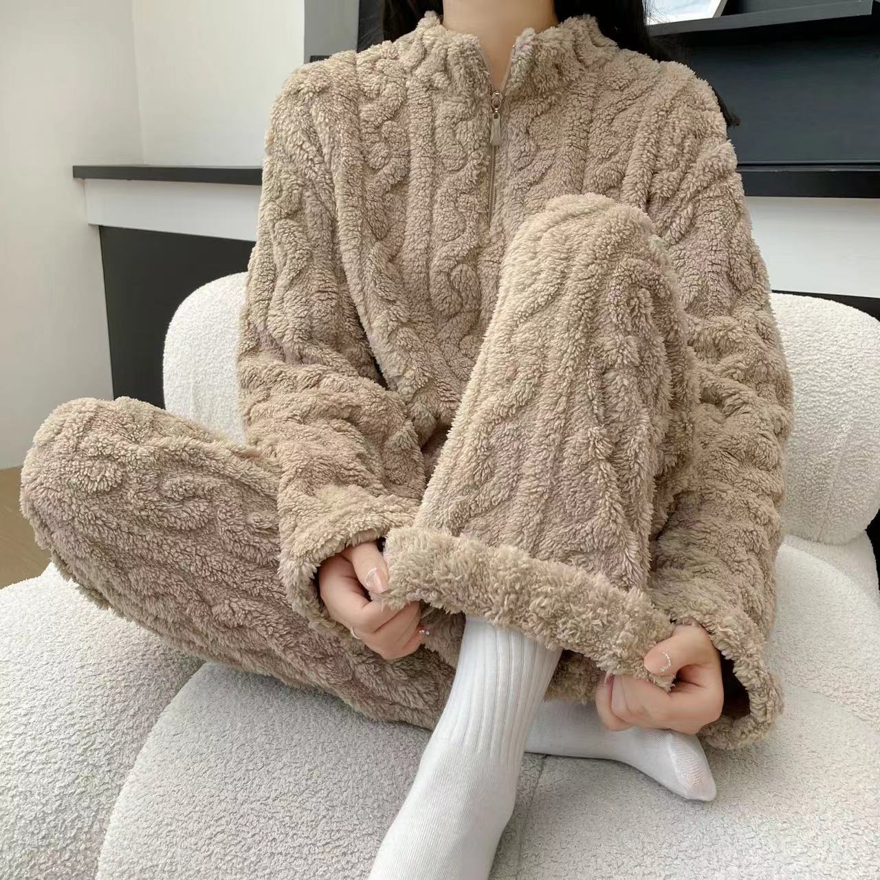 Autumn Winter Couple Pajamas – Thick Coral Fleece Zipper Loungewear & Sleepwear
