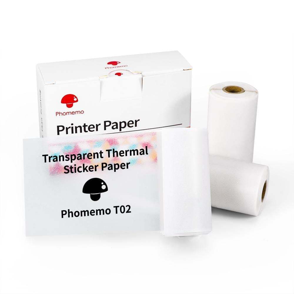 Phomemo printer paper and transparent thermal sticker paper on a white background