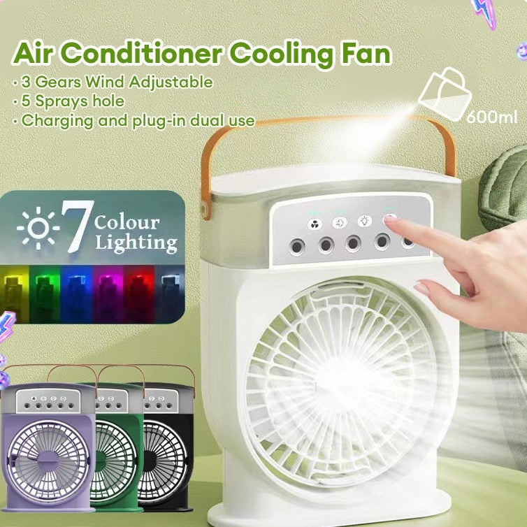 A white portable USB air conditioner cooling fan with a handle, featuring 7 color lighting and a water tank depicted in the image.