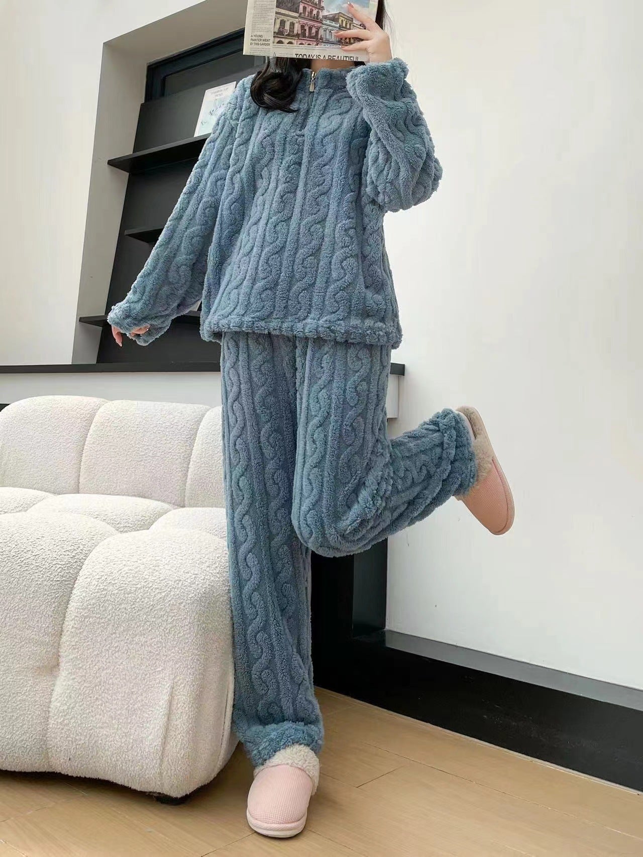 Autumn Winter Couple Pajamas – Thick Coral Fleece Zipper Loungewear & Sleepwear