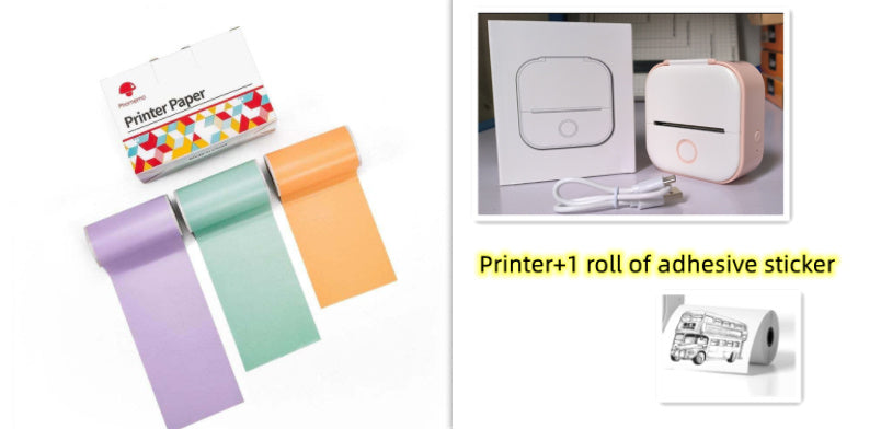 Colorful printer paper rolls and adhesive sticker with packaging on a white background.