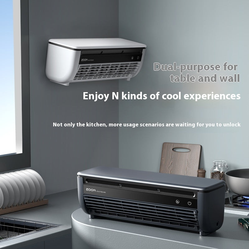 Two air conditioning units, one wall-mounted and one on a countertop, in a kitchen setting.