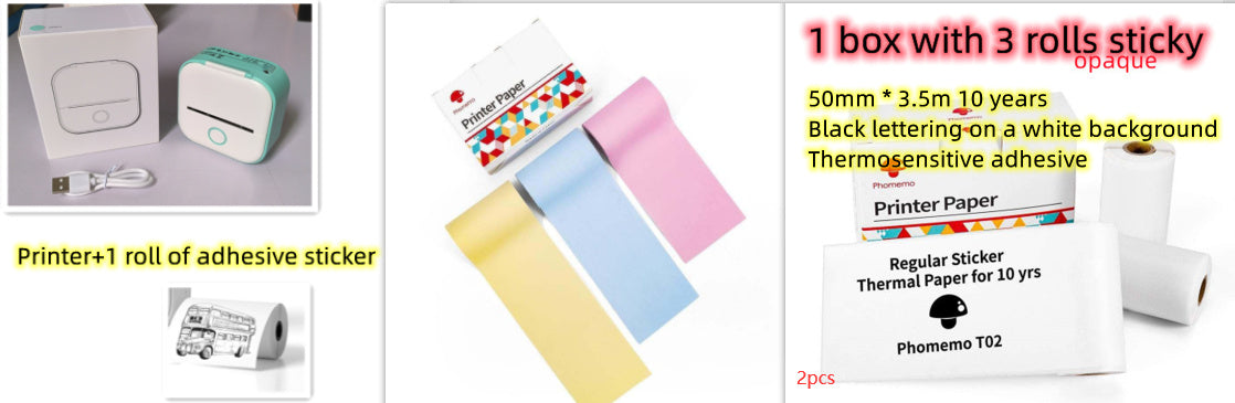 Promotional image of printer adhesive stickers with packaging and usage examples.