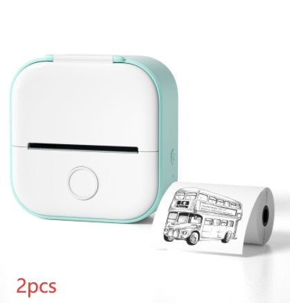 Small printer with a roll of paper featuring a bus illustration on a white background