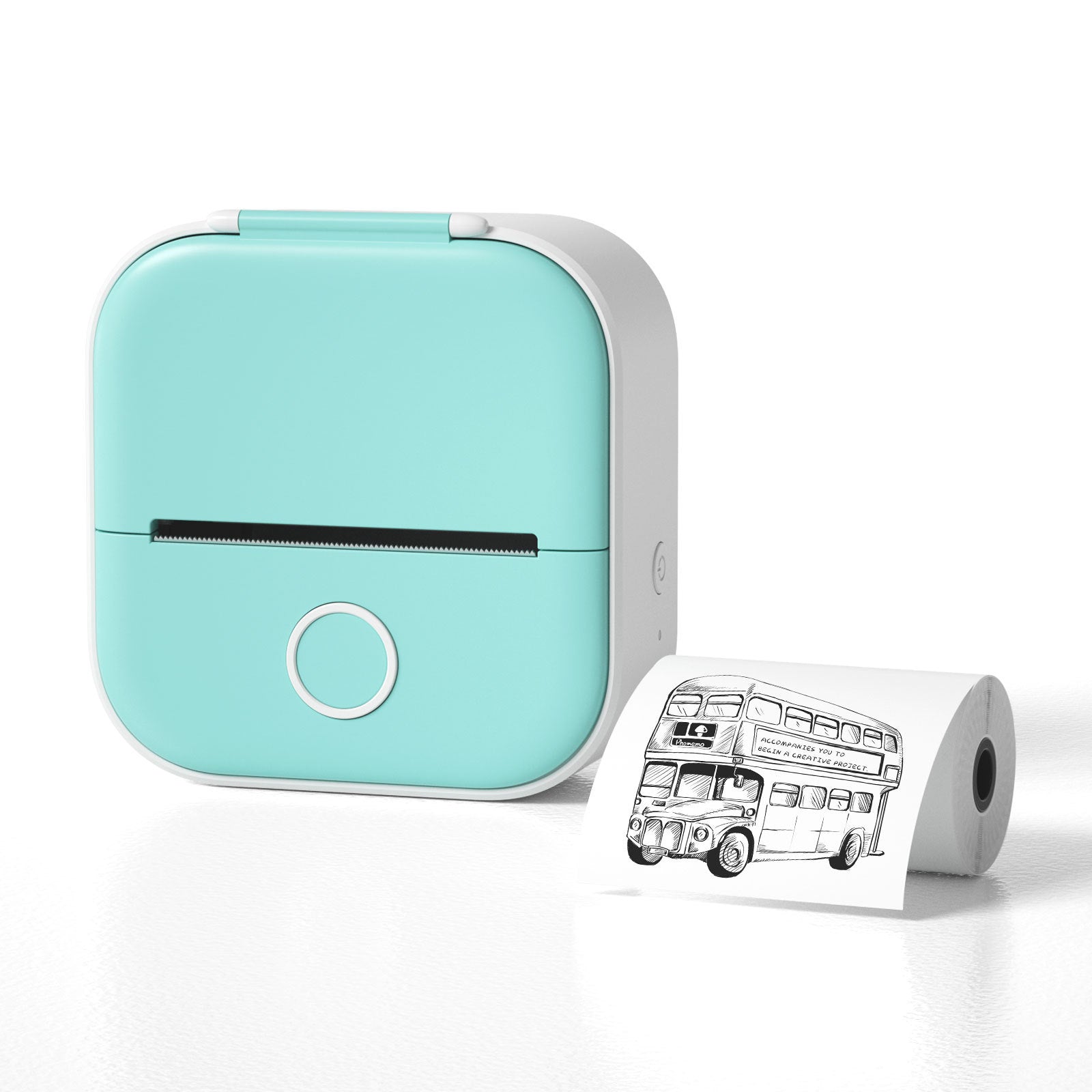 Mint green portable printer with a printed roll of paper featuring a bus design on a white background