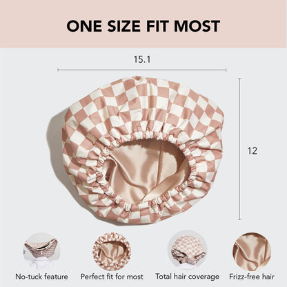 Checkered satin bonnet with measurements and features on a light background