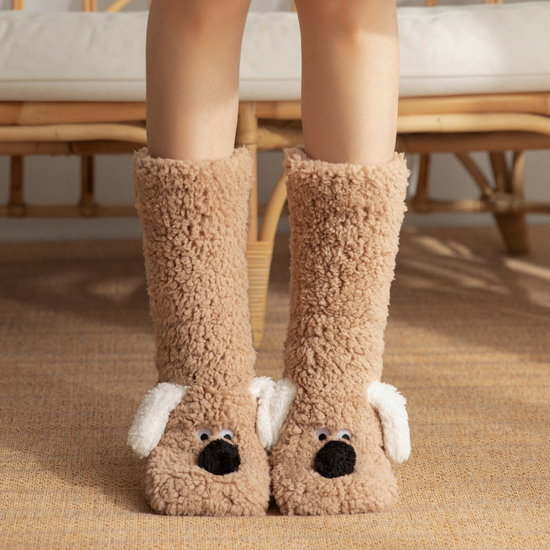 Cute Cartoon Dog Plush Floor Socks – Winter Warm, Non-Slip Cozy Socks for Women
