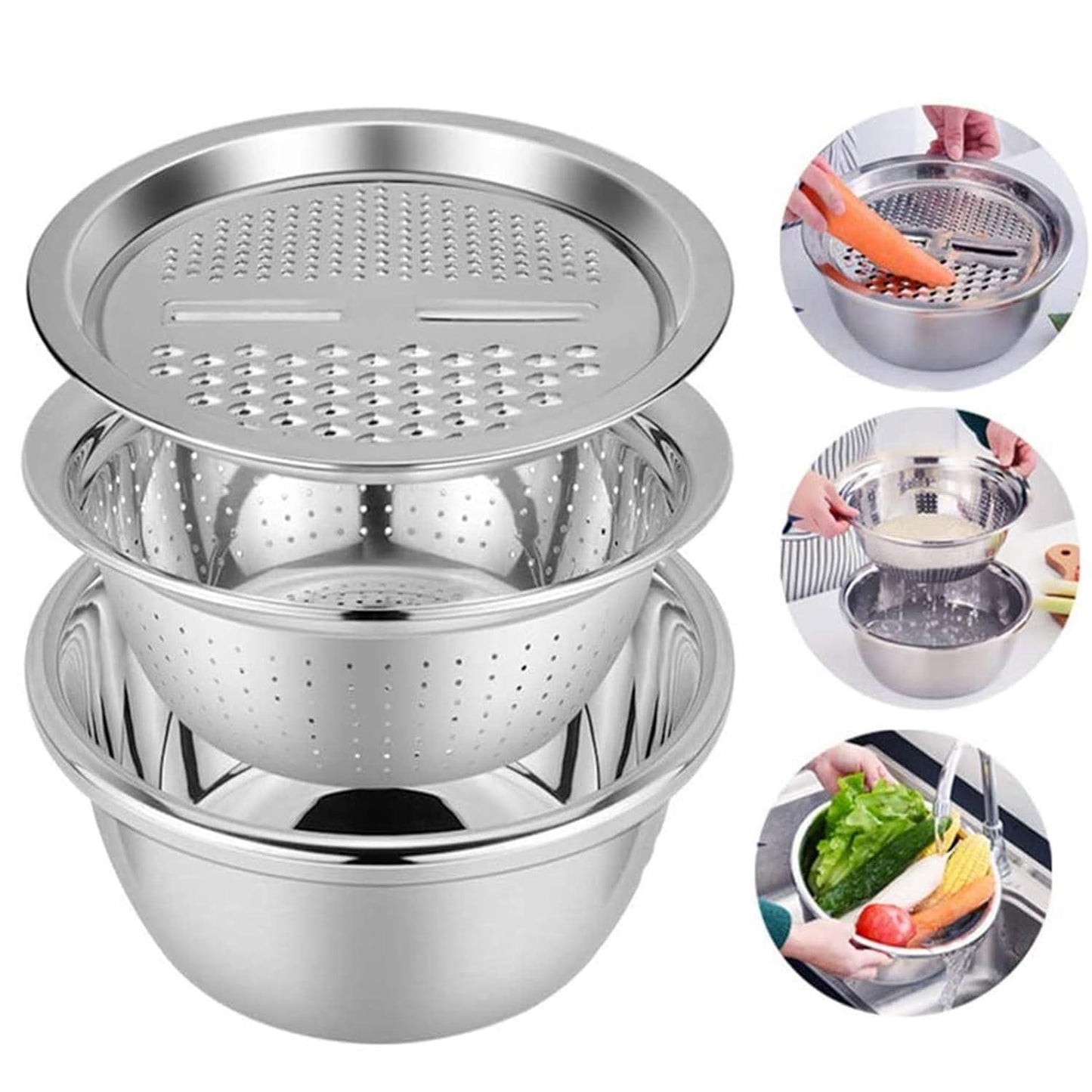 3 in 1 Multifunctional Grater Basin Stainless Steel Colanders Set - Kitchen Apliances