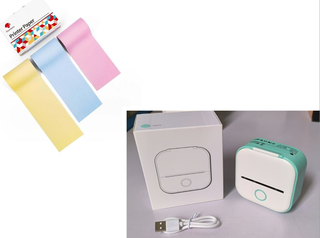 Collage of printer paper, a small printer, and its packaging on a white background.