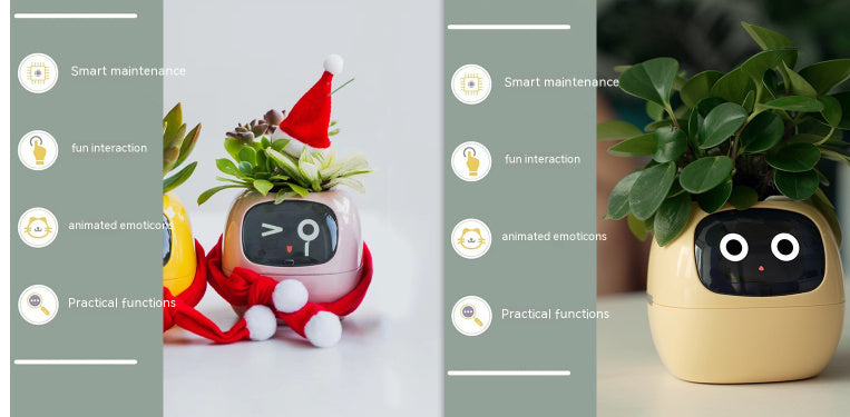 Smart plant pot with a face and animated features on a light gray background