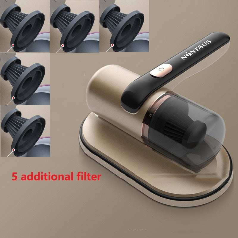 A handheld electric UV mite remover with a pink and gray color scheme being used on a fabric surface, showcasing its UV sterilization function.