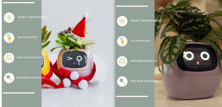 Smart plant pot with a face and animated features on a light gray background
